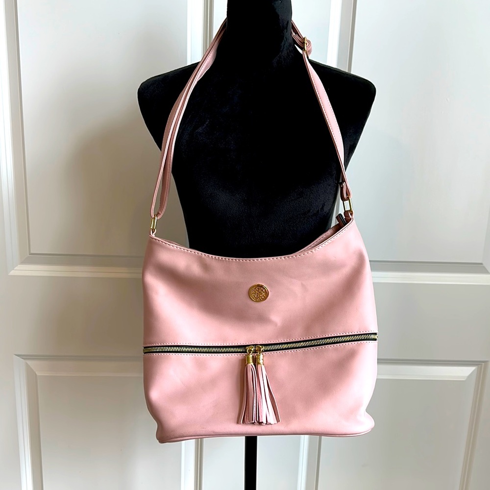 Pink Faux Leather Crossbody Bucket Satchel with Tassels - Picture 1 of 10